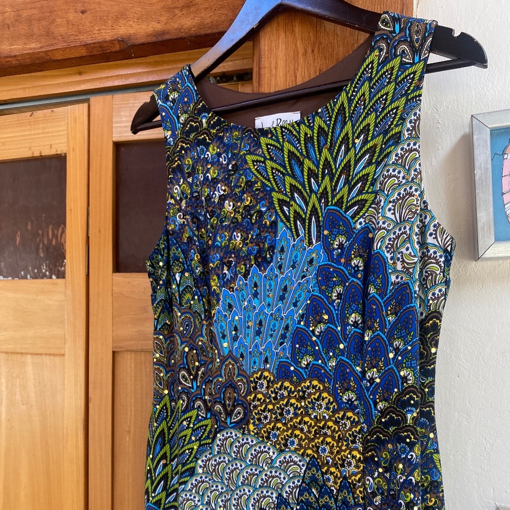 Joseph Ribkoff sleeveless dress w/ gold sequin dots, peacock & paisley design